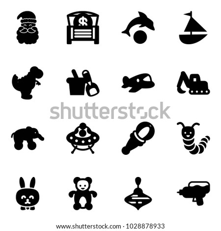 Solid vector icon set - santa claus vector, money chest, dolphin, sailboat toy, dinosaur, shovel bucket, plane, excavator, elephant wheel, ufo, beanbag, caterpillar, rabbit, bear, wirligig