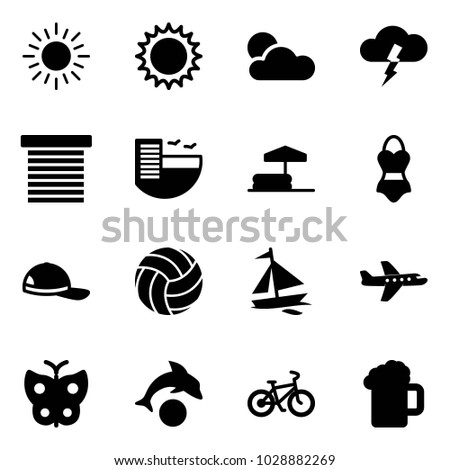 Solid vector icon set - sun vector, storm, jalousie, hotel, inflatable pool, swimsuit, cap, volleyball, sail boat, plane, butterfly, dolphin, bike, beer