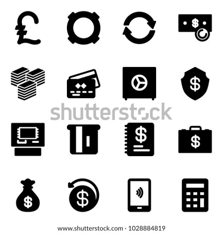 Solid vector icon set - pound vector, currency, exchange, cash, big, credit card, safe, atm, annual report, money case, bag, back, mobile payment, calculator