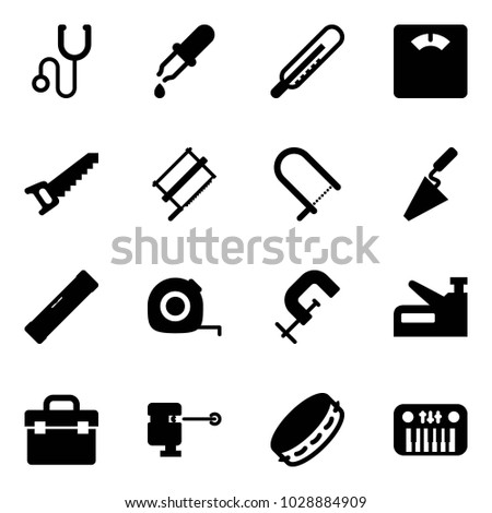 Solid vector icon set - stethoscope vector, pipette, thermometer, floor scales, saw, bucksaw, fretsaw, trowel, level, measuring tape, clamp, stapler, tool box, laser lever, tambourine, toy piano