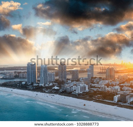 Miami Beach aerial skyline on a beautiful winter sunset.