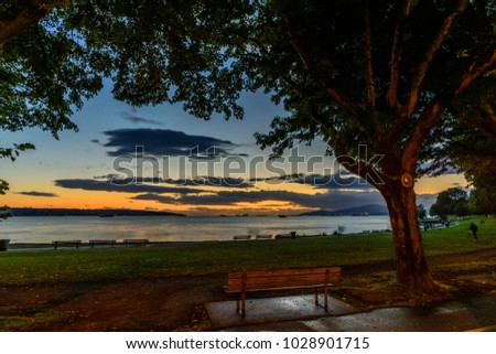 English Bay beach in Vancouver, British Columbia, Canada.
View of the evening ocean with lights of ships, mountains and clouds from the embankment with benches, green grass and wood