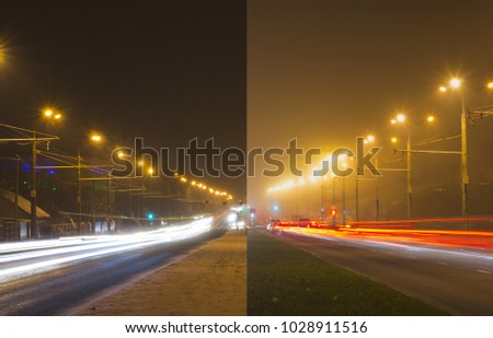 Time lapse photo of the night street. Picture combined from two photos made from one point over long time period. Left winter side and right summer side.