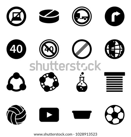 Solid vector icon set - no computer sign vector, pill, trailer road, only right, minimal speed limit, end, globe, social, friends, round flask, jalousie, volleyball, playback, basin, soccer ball