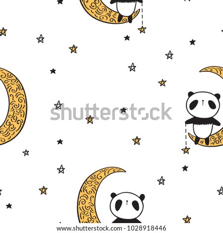 Seamless pattern with cute pandas on the golden moons and stars for textile, wallpapers, gift wrap and scrapbook.  Vector illustration.