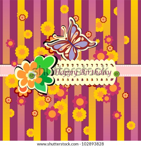 Happy Birthday Greeting Card Striped, Orange and Purple bars on Dark Purple Background
