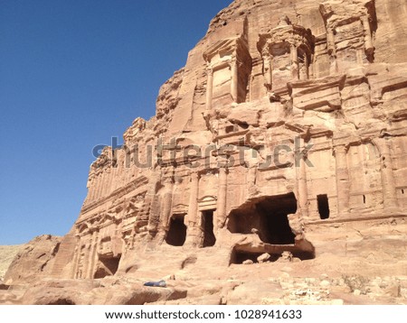 Temples and buildings carved in the mountains in Petra, Jordan. Nabathean Valley in the Middle East.