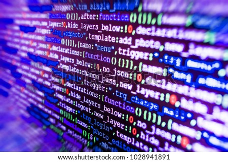 IT business company. Writing programming code on laptop. Future technology creation process. Screenshot with random parts of program code. Abstract technology background. Coding hacker concept. 