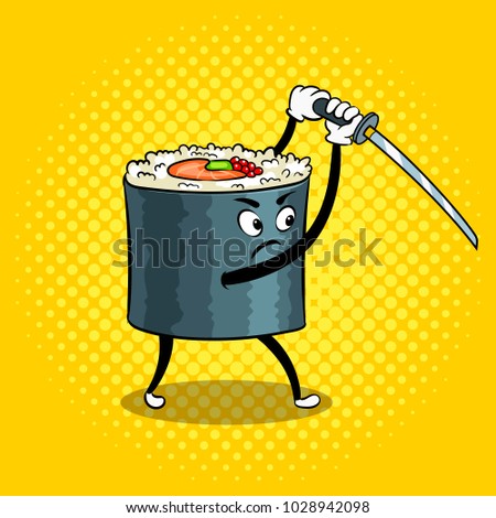 Traditional sushi roll with japanese sword pop art retro vector illustration. Cartoon character. Color background. Comic book style imitation.
