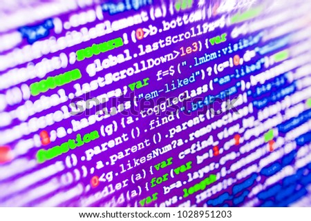 Coding hacker concept. Javascript code in bracket software. Software development. Writing programming code on laptop. Developer occupation work photo. Background of software developer script. 