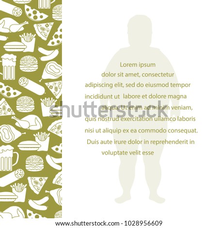 Fat man with unhealthy lifestyle symbols. Harmful eating habits. Design for banner and print.