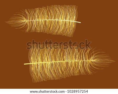 Yellow Feather Floating. Beautiful Hand Drawn Fluff. Feathers Isolated for Wallpaper, Illustration, Carnival, Masquerade, Invitation, Textile. Decoration Element for Your Design.