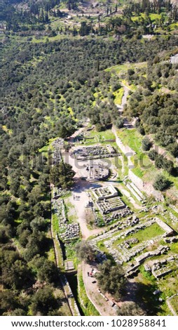 Aerial photo of iconic Temple of Athena Pronaia in archaeological site of Delphi, Voiotia, Greece