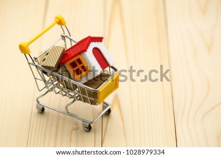 Shopping cart  with small house,shopping, rent, loan, mortgage, eco district housing concept.