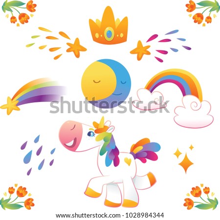 Vector set with unicorns, star, rainbow, moon, cloud und flowers.