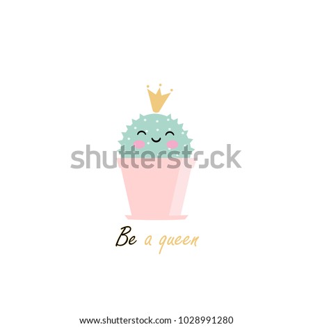 Vector illustration with cute kawaii cactus with a crown and wishes, perfect stuff for greeting cards, invitations, banners, etc. Royalty-Free Stock Photo #1028991280