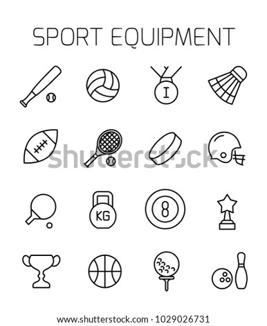 Sport equipment related vector icon set. Well-crafted sign in thin line style with editable stroke. Vector symbols isolated on a white background. Simple pictograms.