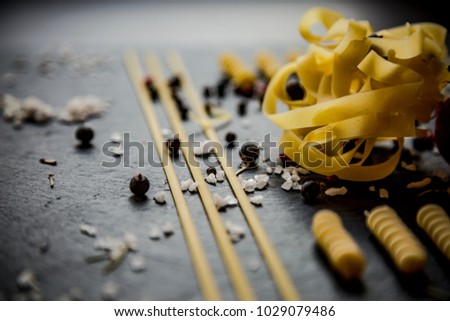 Aromatic spices with Italian pasta close up, Knolling concept