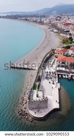 Aerial drone photo of iconic fortified port and medieval castle in historic city of Nafpaktos, Aitoloakarnania, Greece