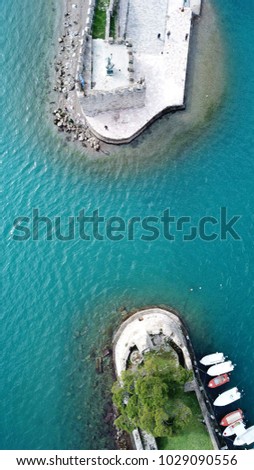 Aerial drone photo of iconic fortified port and medieval castle in historic city of Nafpaktos, Aitoloakarnania, Greece