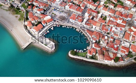 Aerial drone photo of iconic fortified medieval port in historic city of Nafpaktos, Aitoloakarnania, Greece