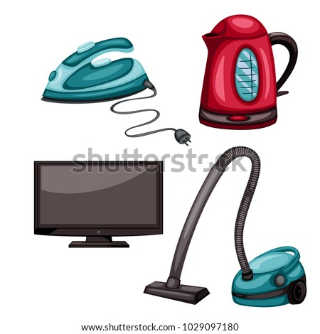 Home Appliances Vector Drawings. Cartoon Illustration of Electric Iron, Vacuum Cleaner, TV and Electric Kettle on a White Background Royalty-Free Stock Photo #1029097180