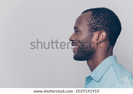 Profile, side view portrait with copy space, empty place for product of virile, smiling, manly, positive, cheerful man isolated on grey background Royalty-Free Stock Photo #1029141910