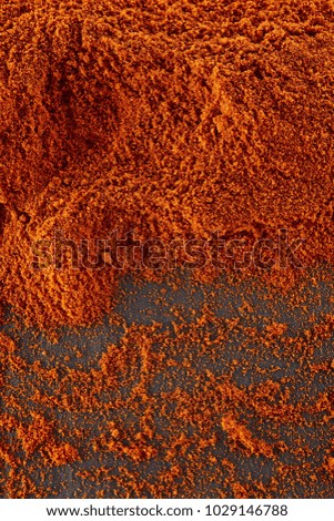 Top view on paprika or red hot chilli pepper powder texture background