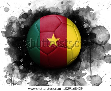 Soccer ball with flag of Cameroon, close up, watercolor effect on white background