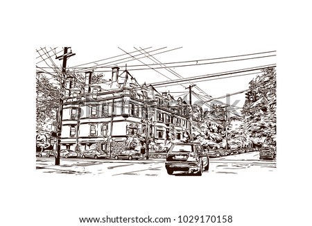 Buildings view of Louisville City in Kentucky, USA. Hand drawn sketch illustration in vector.