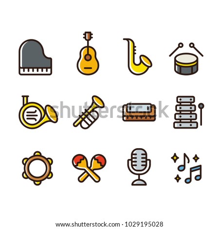 Musical instruments icon set. Simple cartoon style colored line icons. Brass wind instruments, strings and percussion, classical music vector illustration collection.