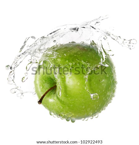 Green apple in splash of water isolated on white background Royalty-Free Stock Photo #102922493