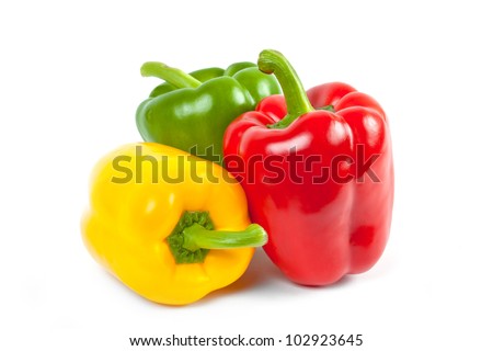 three bell peppers isolated on white background Royalty-Free Stock Photo #102923645