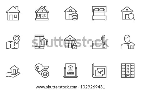 Real Estate Vector Flat Line Icons Set. Map, Plan, House, Apartment, Realtor. Editable Stroke. 48x48 Pixel Perfect.
