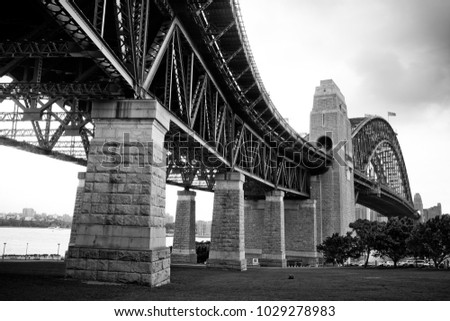 Sydney Harbour Bridge, wide angle view in black and white