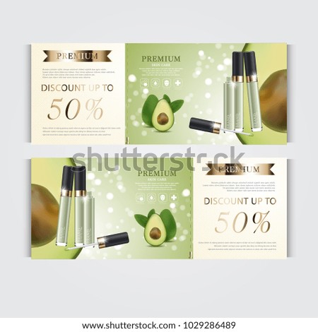 Gift voucher hydrating facial concealer for annual sale or festival sale. green and gold concealer mask bottle isolated on glitter particles background. Banner graceful cosmetic ads, illustration.