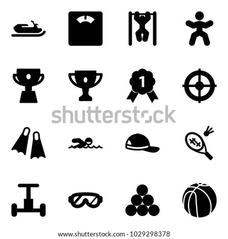 Solid vector icon set - snowmobile vector, floor scales, pull ups, gymnastics, cup, gold, medal, target, flippers, swimming, cap, badminton, gyroscope, protective glasses, billiards balls