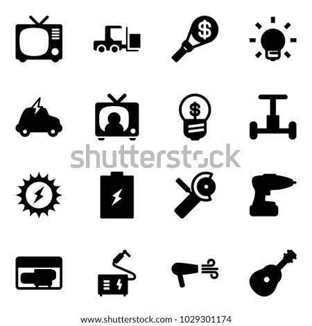 Solid vector icon set - tv vector, fork loader, money torch, bulb, electric car, news, business idea, gyroscope, sun power, battery, Angular grinder, drill, generator, welding, dryer, guitar
