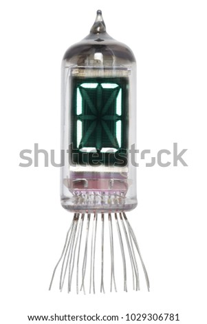 The real Nixie tube indicator of the alphabet of retro style, isolated on white background. Display with green backlight. Letter O.