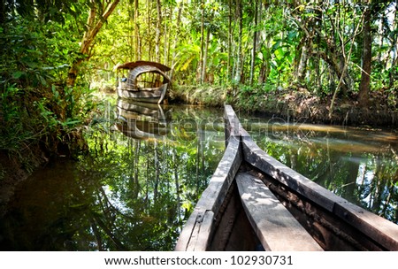 Wooden boat cruise in backwaters jungle in Kochin, Kerala, India Royalty-Free Stock Photo #102930731