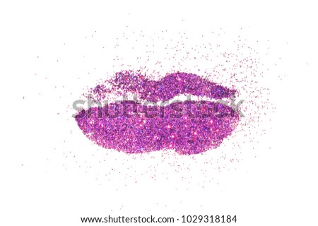 Lips of purple glitter sparkle on white background