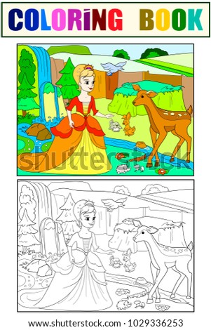 Snow White in the woods with animals. Tale, cartoon, color book black lines on a blank background. Vector illustration. Coloring, black and white