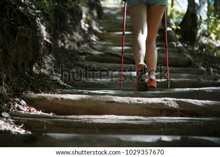 Woman with walking sticks on ladder of logs
