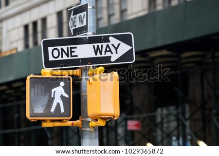 ONE WAY road sign points on a New York City street 