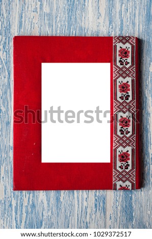 handmade photo frame with embroidery, background with space for copy