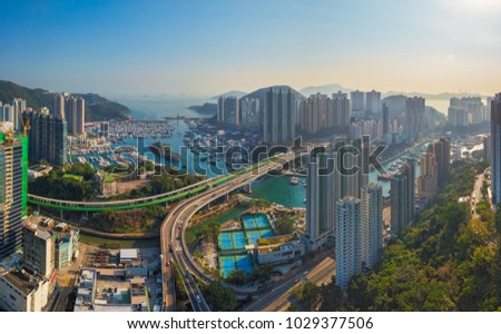 Aerial Photography of Ap Lei Chau Bridge and Skyscrapers in Aberdeen,Hong Kong