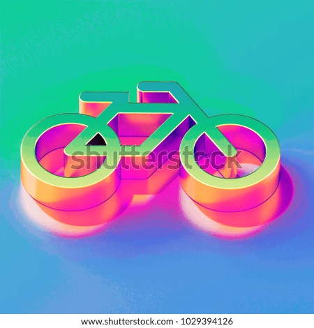 Icon of yellow green bicycle with gold and pink reflection on the brilliant blue green background. 3D illustration of network Bicycle, bike, biking, cycling, fixed, gear, racing isometric icon.