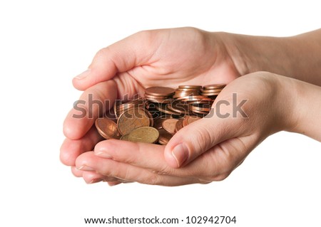 Euro coins in hands over a white background