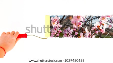 Person painting flowers on a white wall with a roller brush