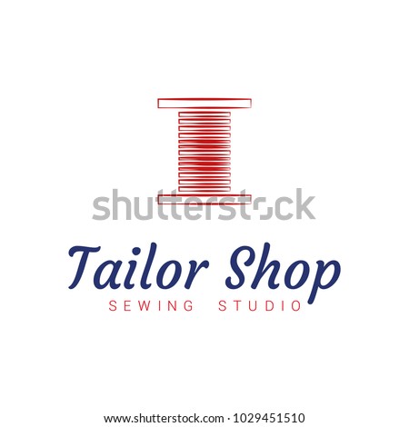 Vector logo template for tailor shop or sewing studio. Red coil with threads. Design element for web, banner or print on cloth. EPS10.